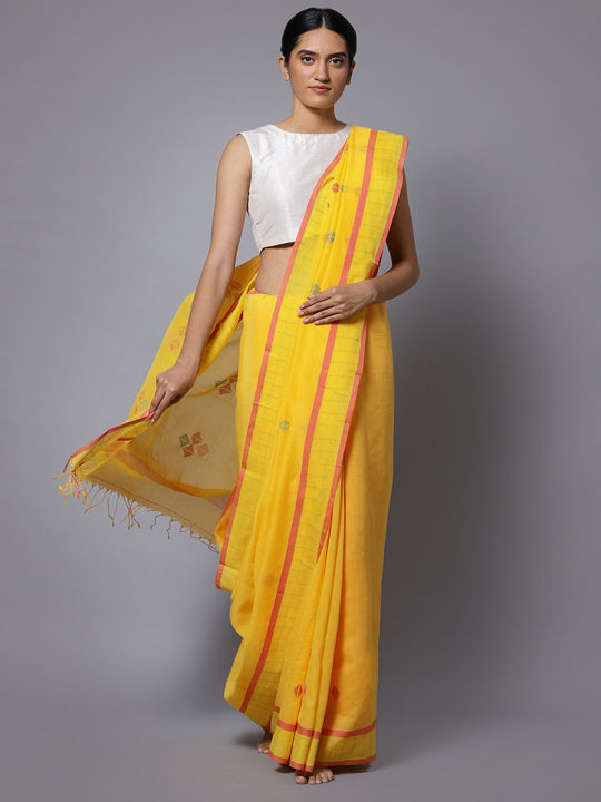 Yellow jamdani handloom phulia cotton saree