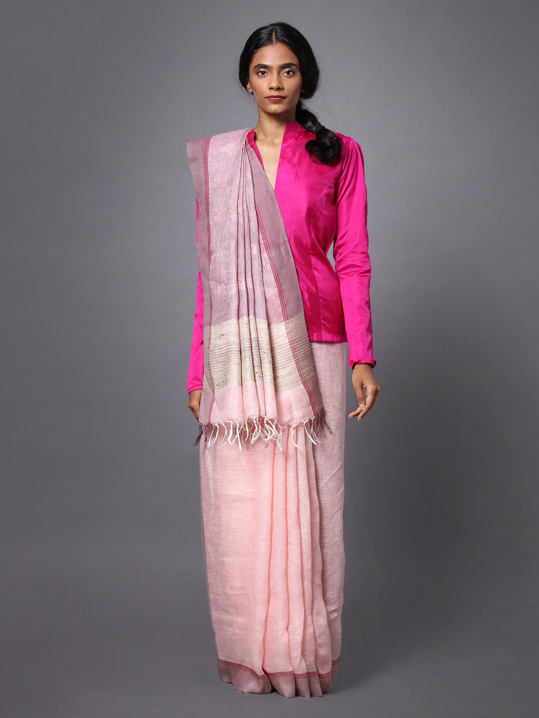 Light peach handloom linen saree