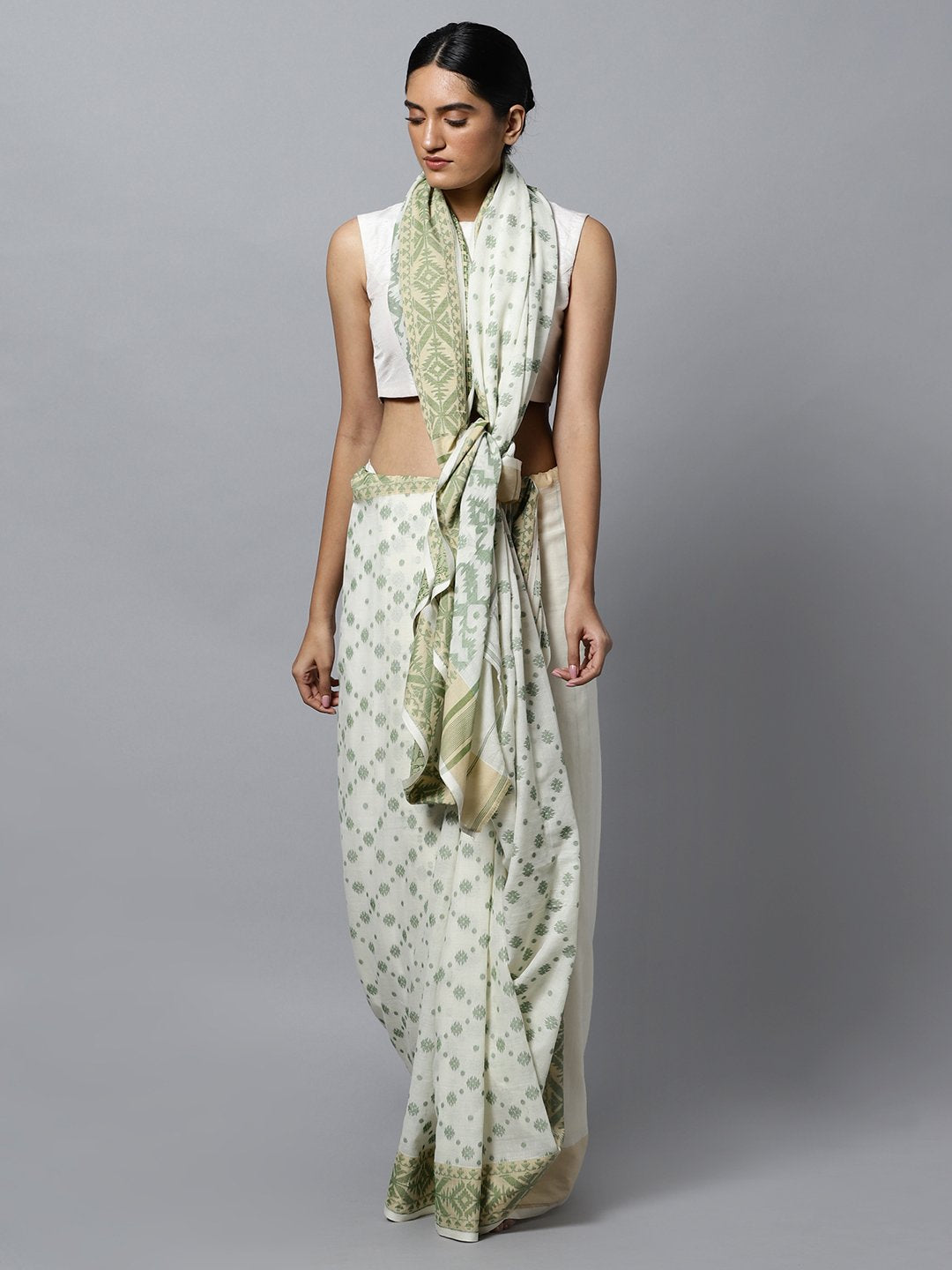 White jamdani bengal handloom cotton saree
