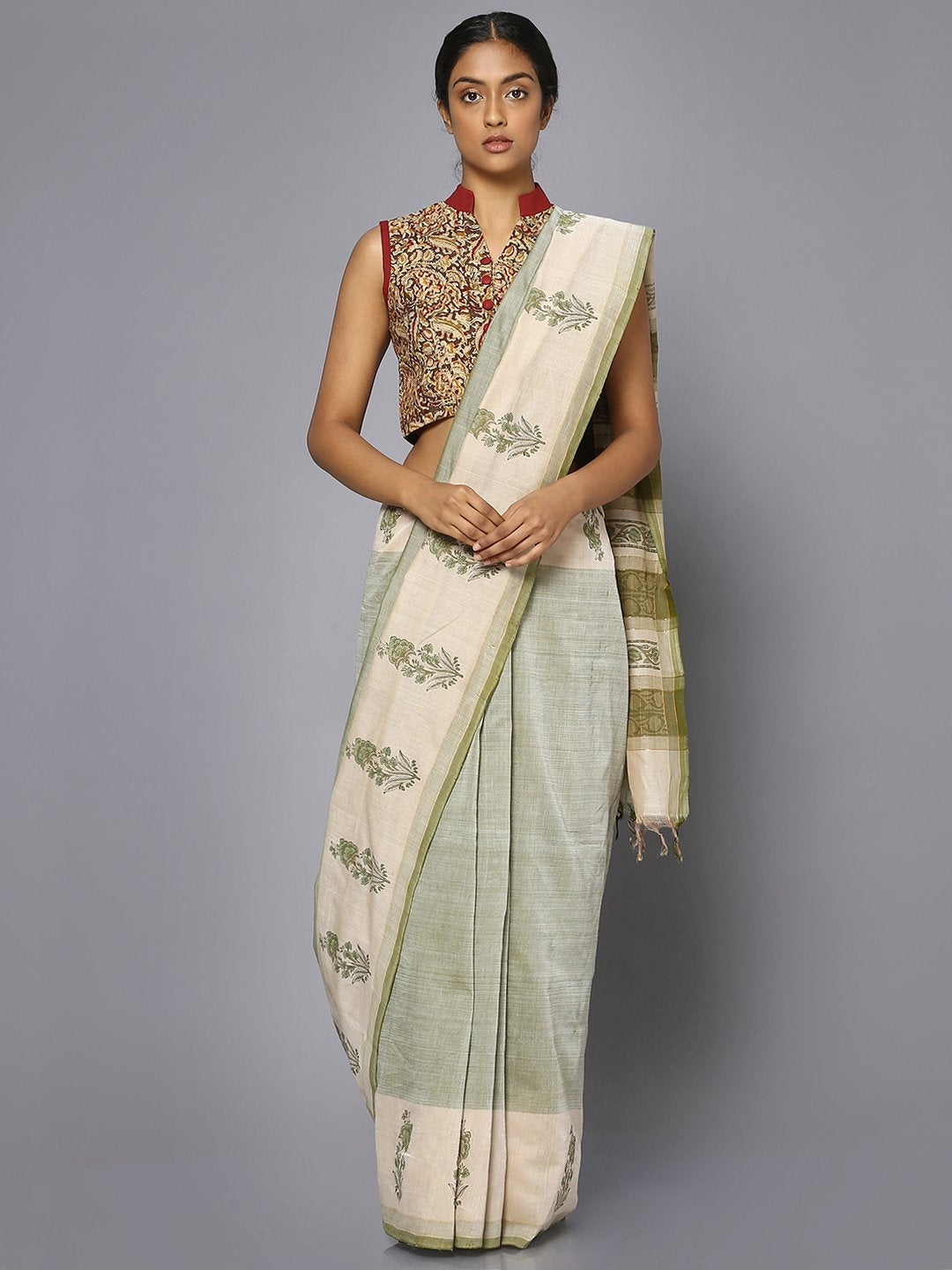 Light green block print cotton saree