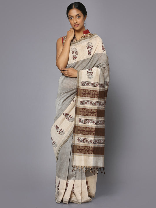 Light grey block print cotton saree