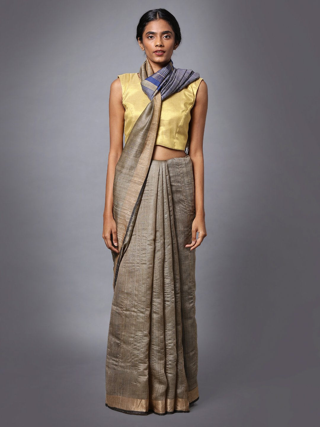 Grey beige handloom tussar silk saree