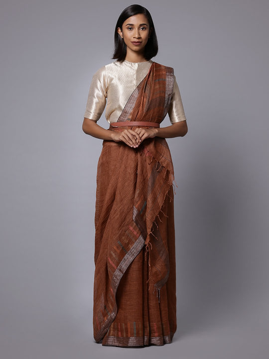 Brown jamdani linen bengal handloom saree