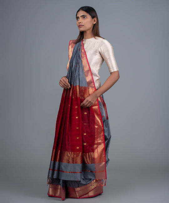 Grey red handwoven maheshwari cotton silk saree
