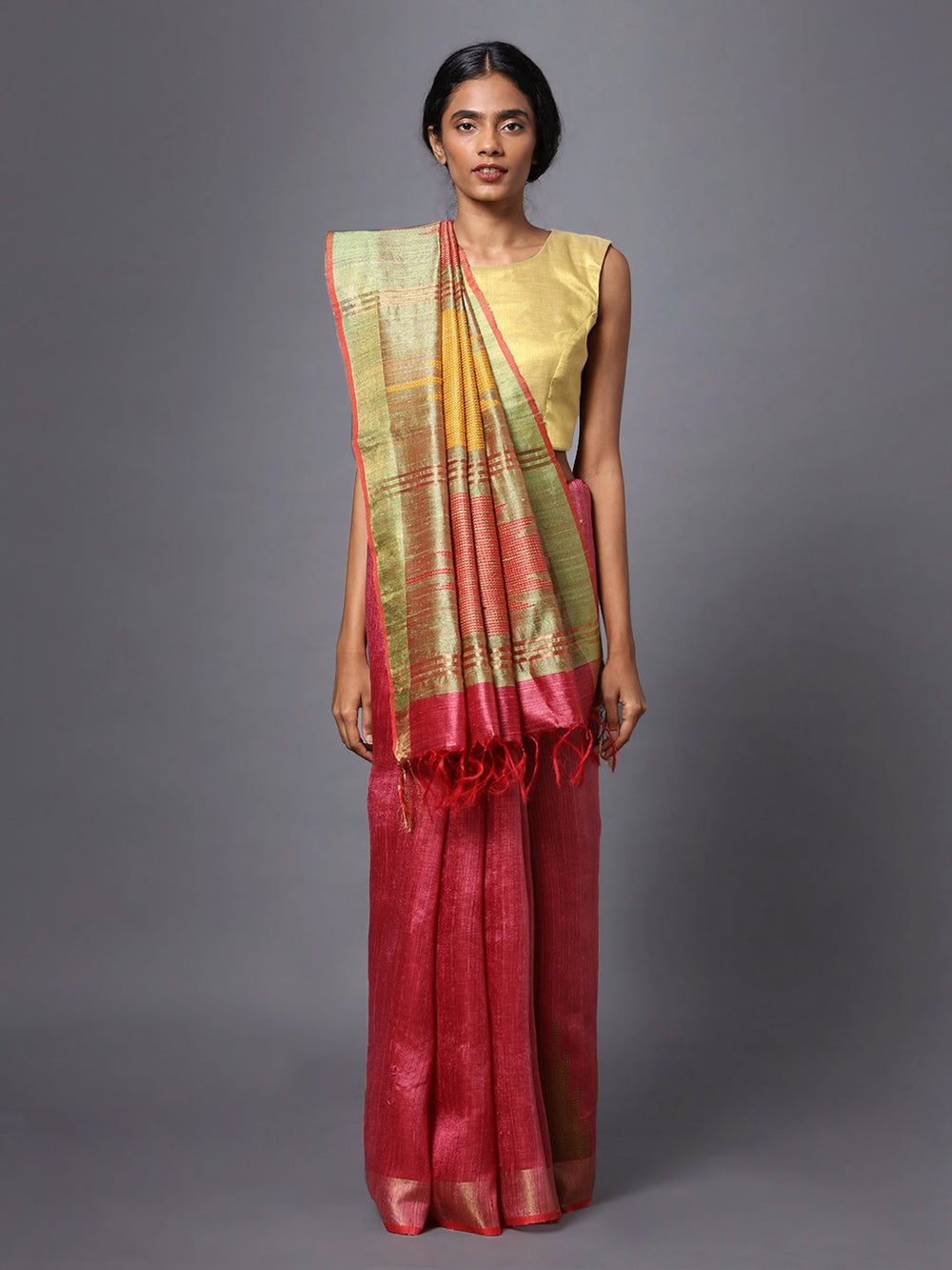 Pink and beige handloom tussar silk saree