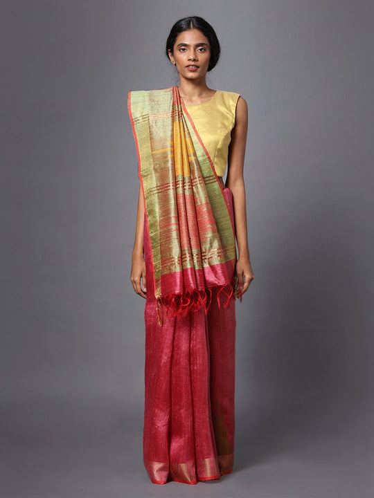 Pink and beige handloom tussar silk saree