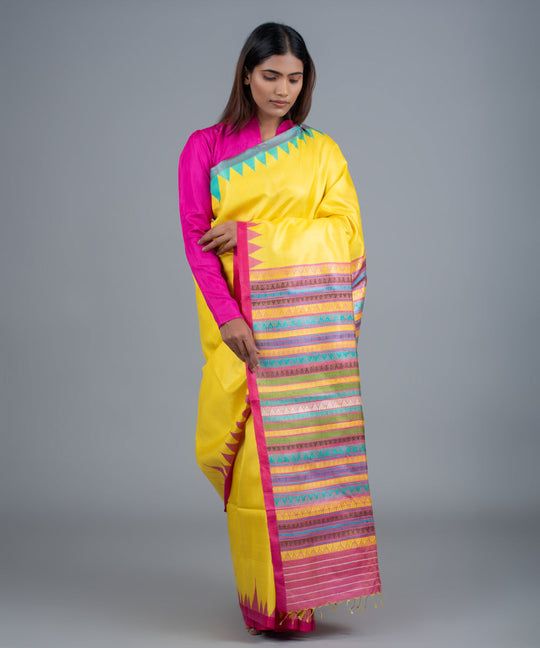 Yellow pink handwoven gopalpur jala border tussar saree