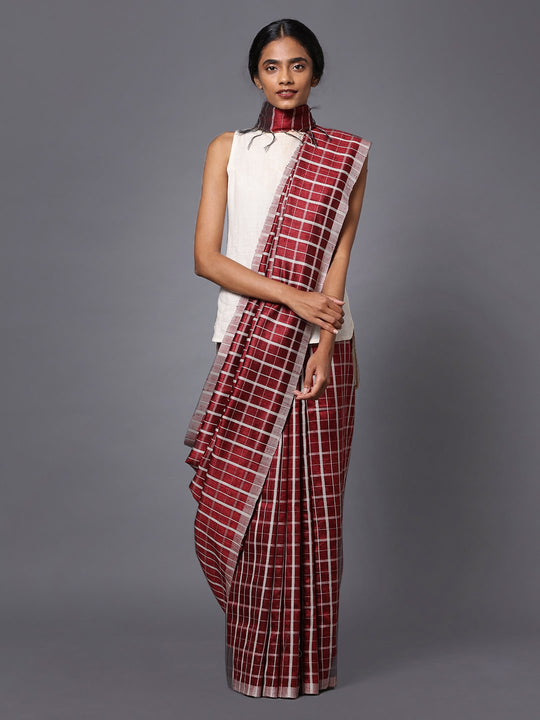 Burgundy checks handloom tussar silk saree