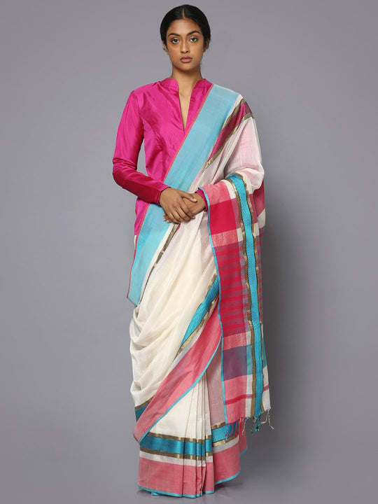White silk cotton maheshwari saree