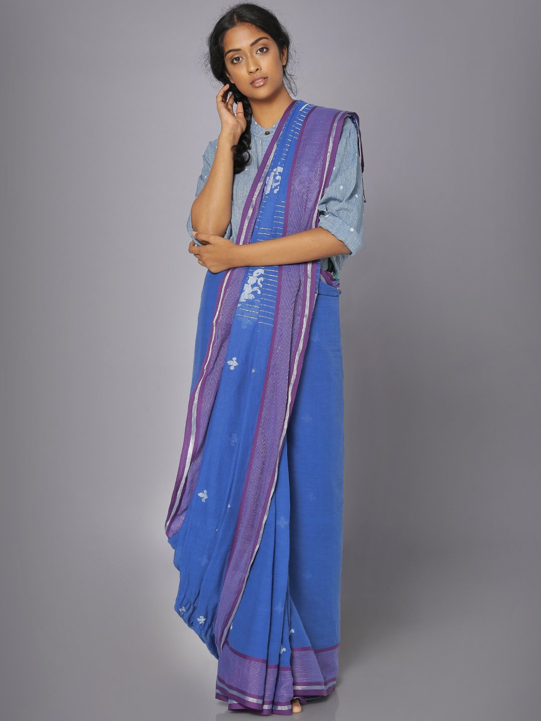 Blue muslin jamdani saree