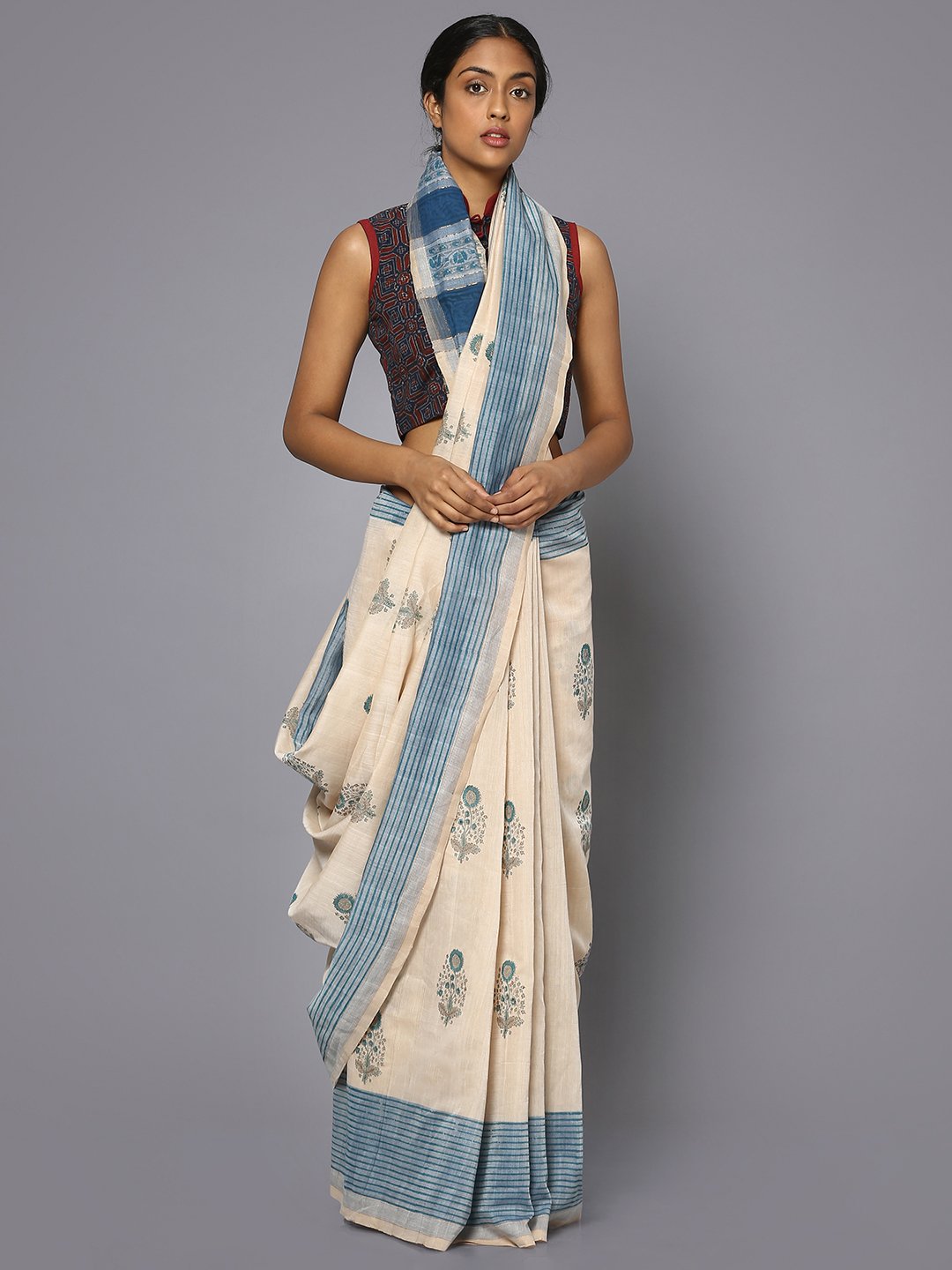 Off white block print cotton saree