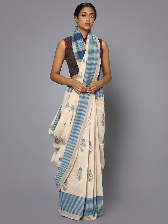 Off white block print cotton saree