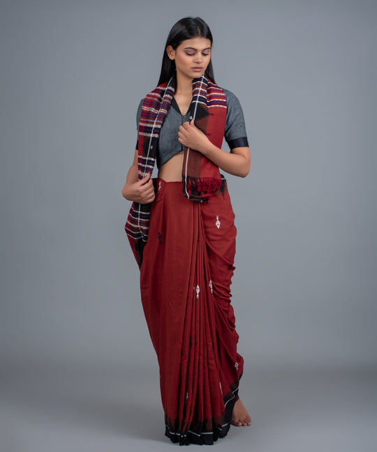 Maroon black handwoven fish motifs cotton kotpad saree