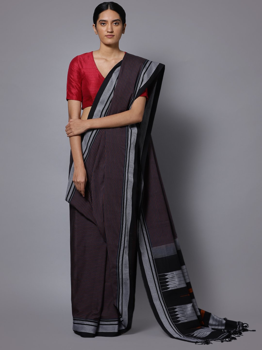 Rust brown stripe ilkal handloom saree