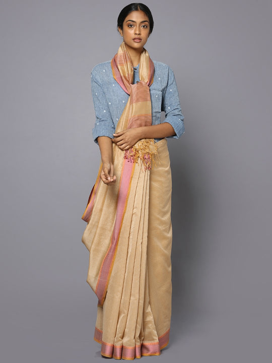 Striped beige silk cotton maheshwari saree