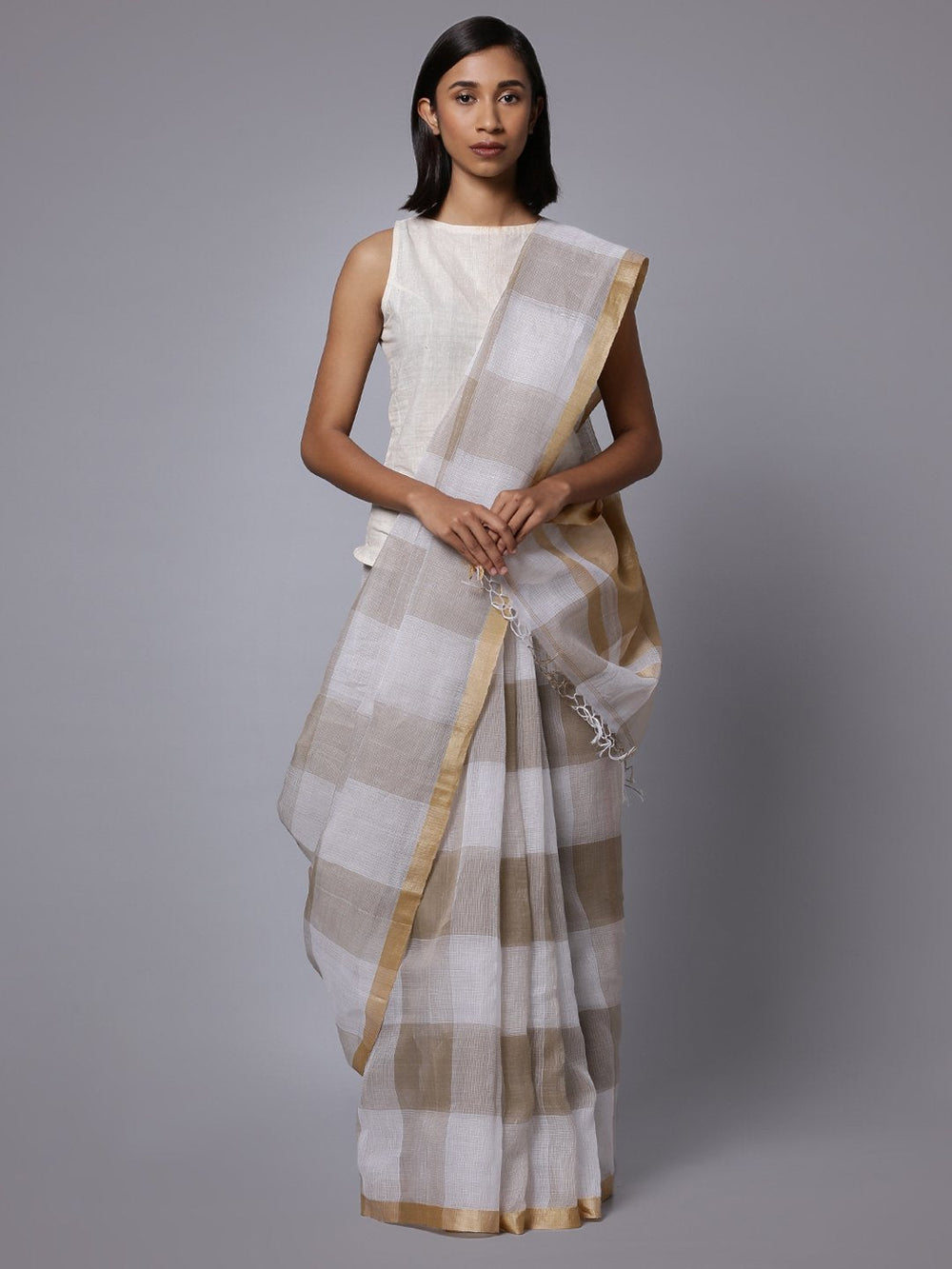 Brown white checks handloom cotton silk saree
