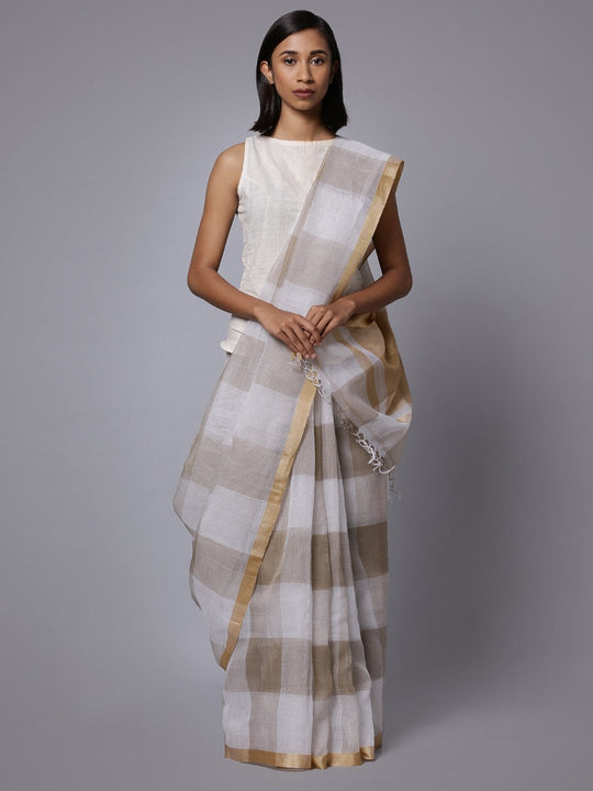 Brown white checks handloom cotton silk saree