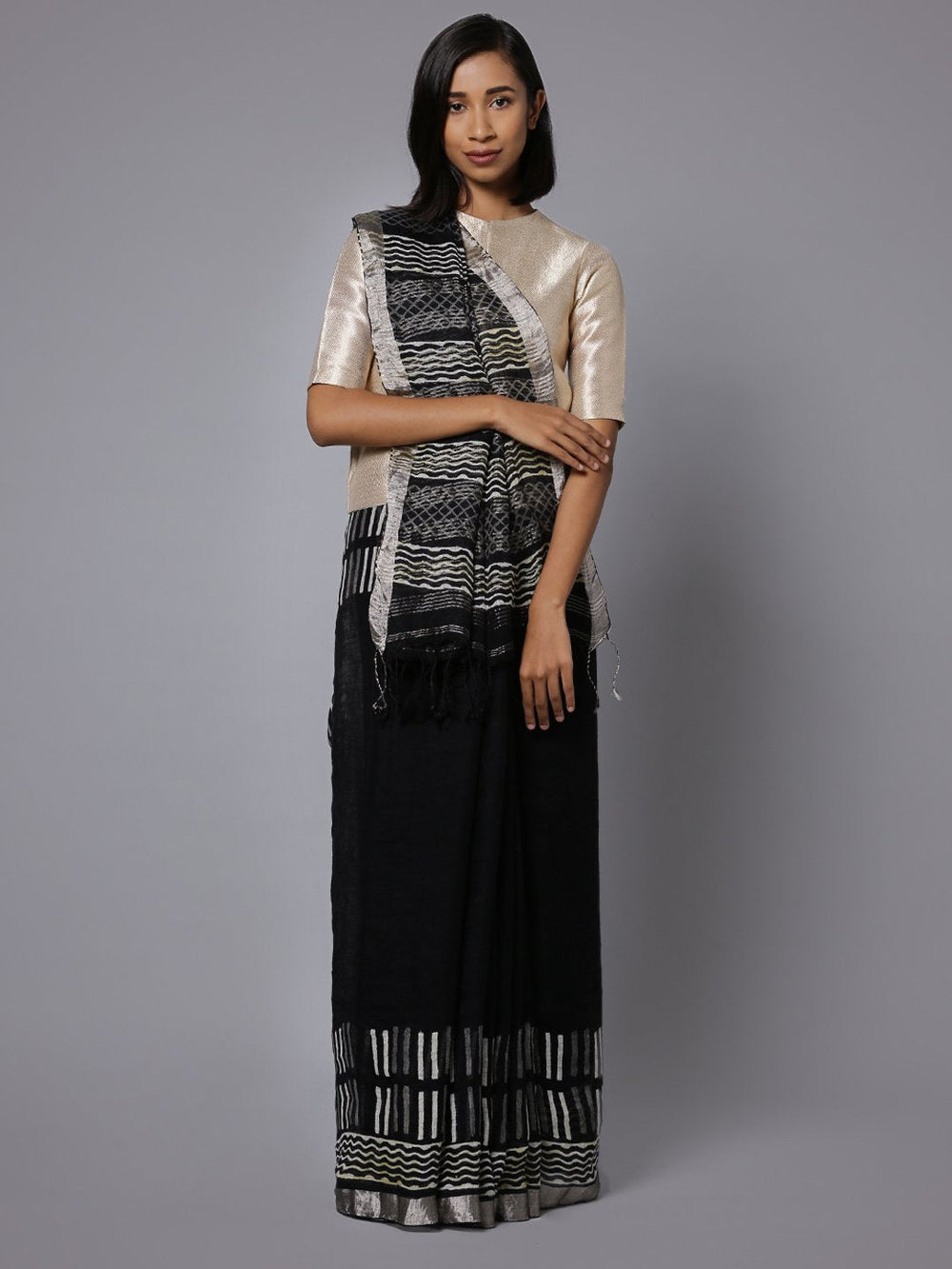 Black handblock print linen saree