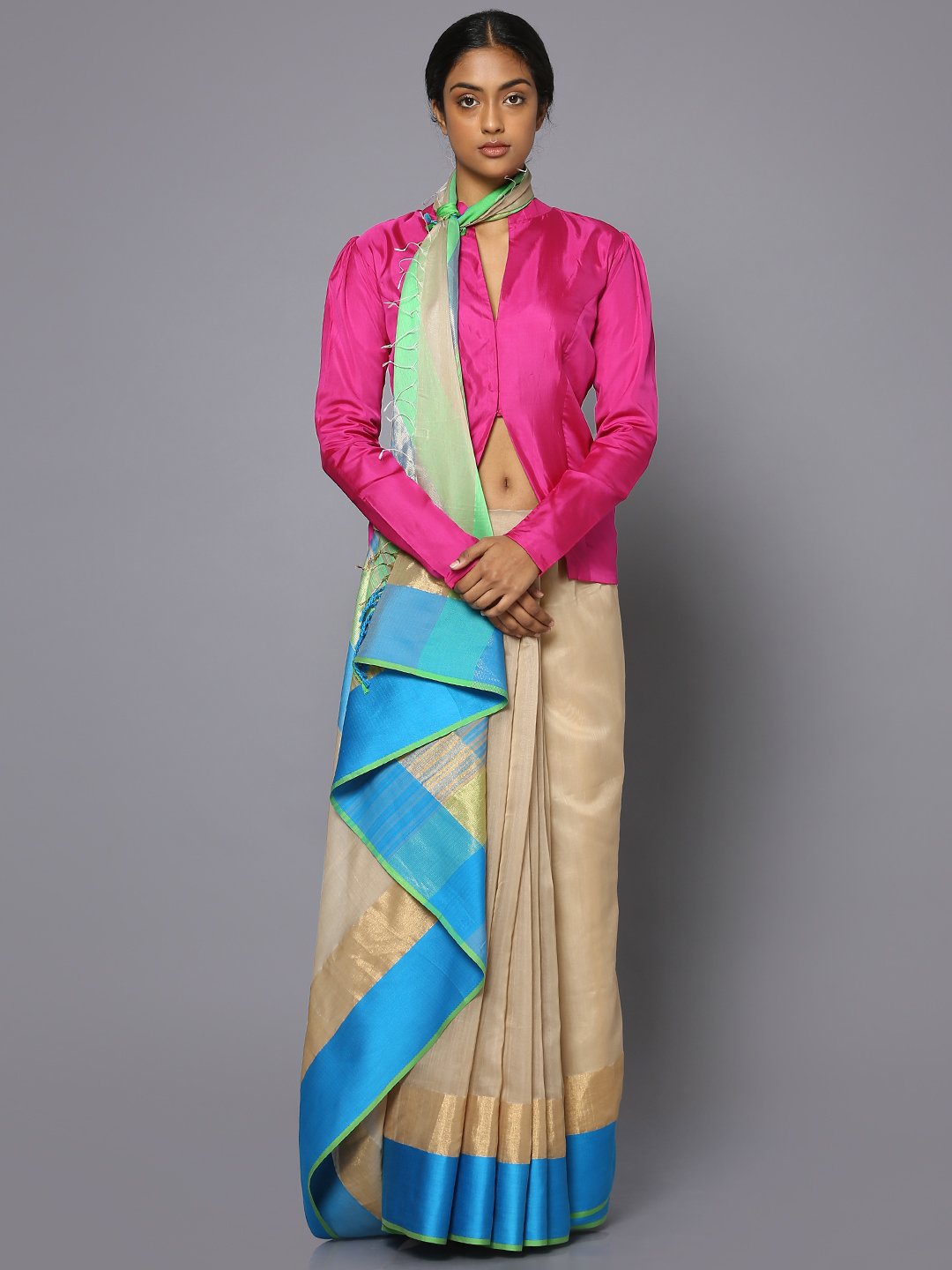 Beige & blue silk cotton maheshwari saree