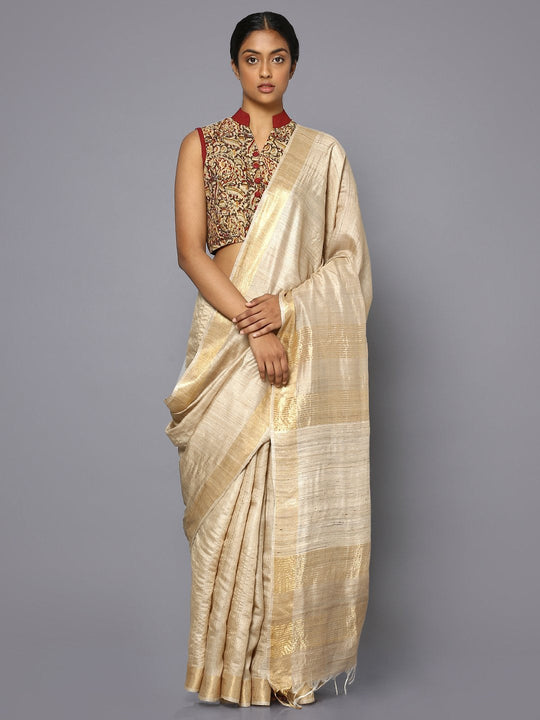 Beige tussar silk saree