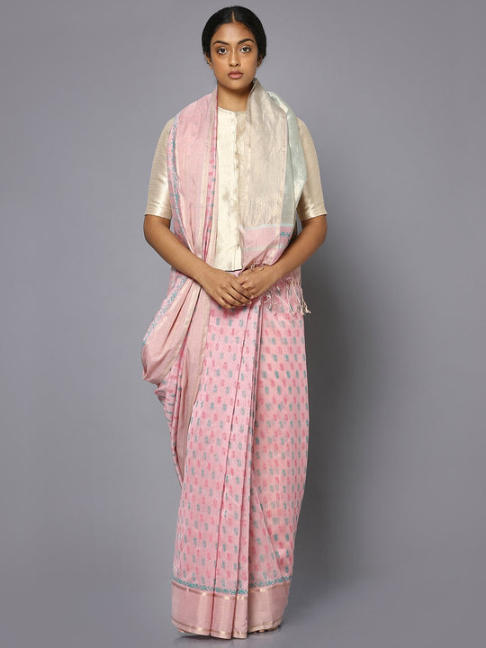 Light pink silk cotton printed maheshwari saree
