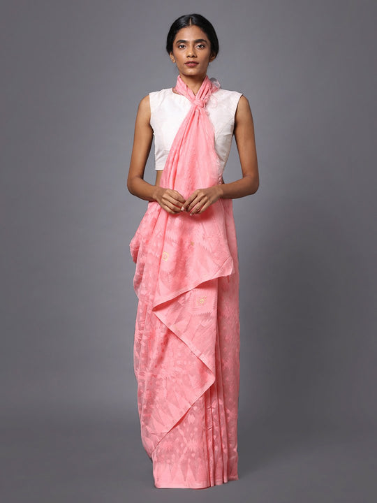 Pink handloom jamdani cotton silk saree