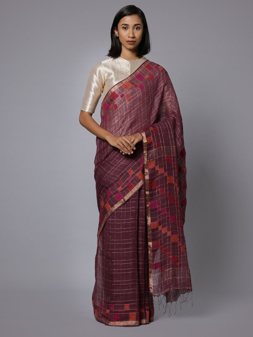 Mauve jamdani linen bengal handloom saree