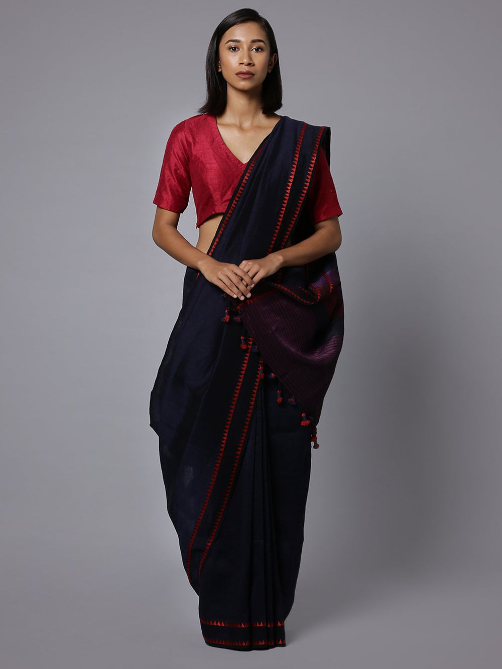 Navy blue cotton linen handloom saree
