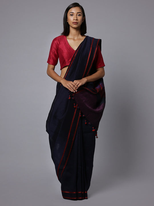 Navy blue cotton linen handloom saree