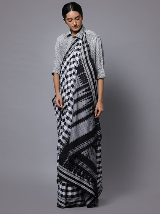 Black white checks ilkal handloom saree