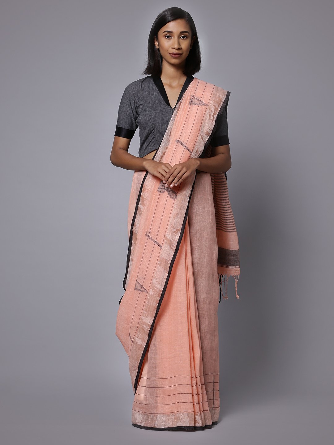 Light orange linen handloom saree