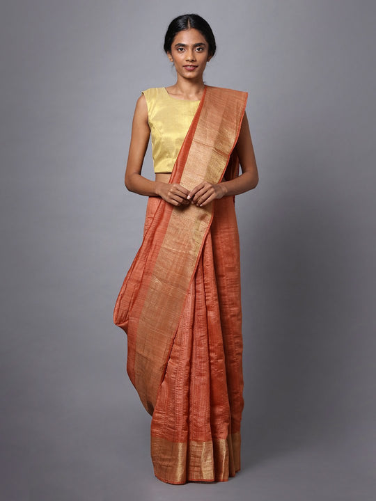 Handloom light orange tussar silk saree