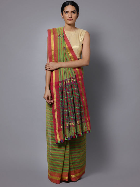 Lime green hand embroidery cotton saree