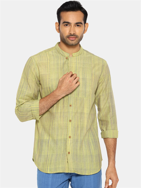 Lime green striped mandarin collared shirt