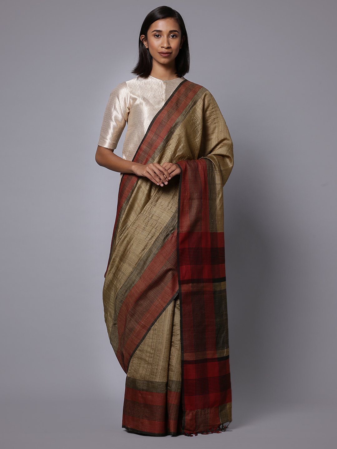 Brown tussar silk handloom saree