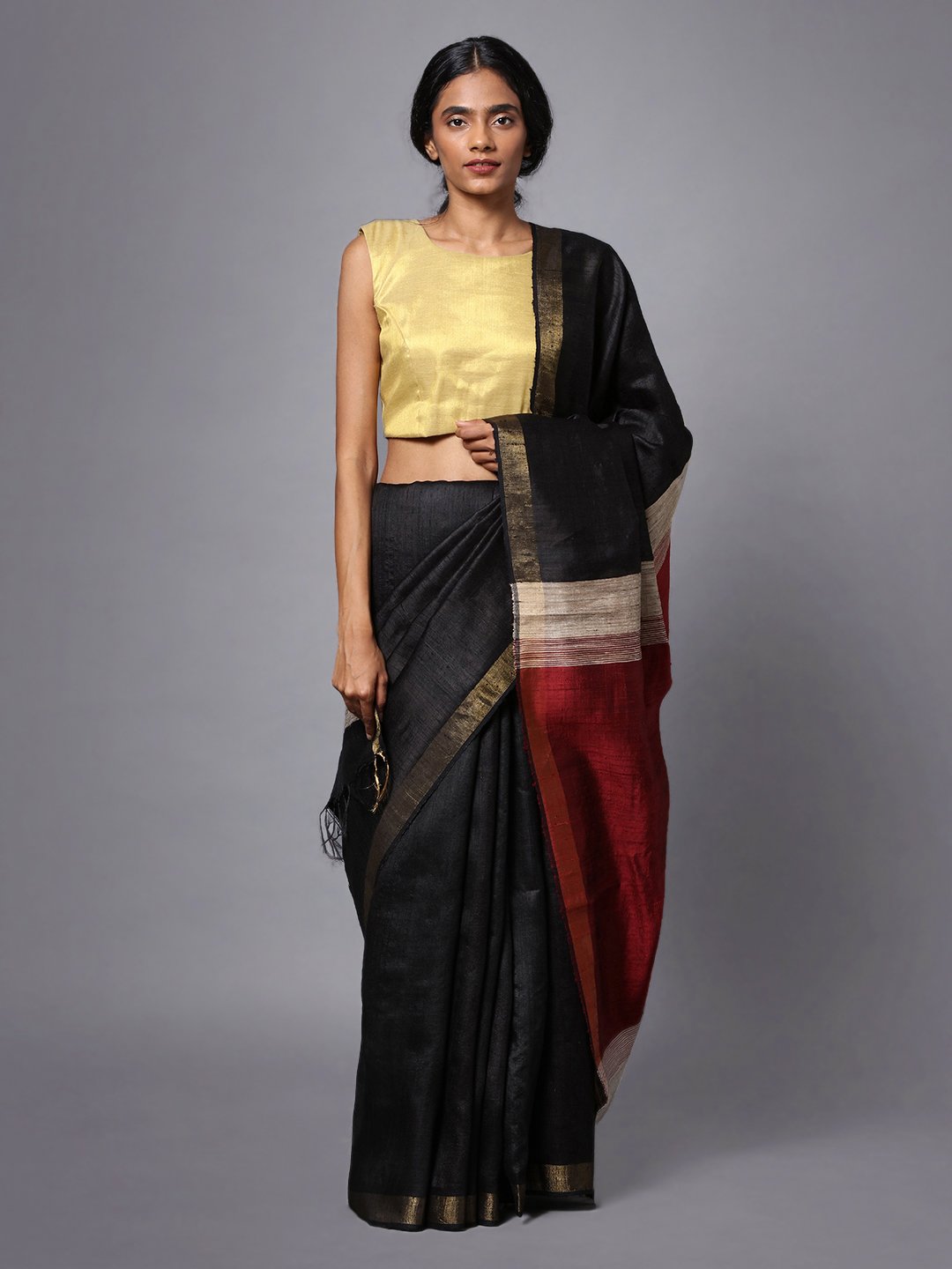 Black handloom tussar silk saree