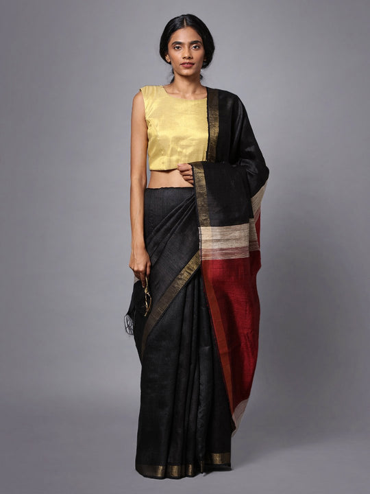 Black handloom tussar silk saree