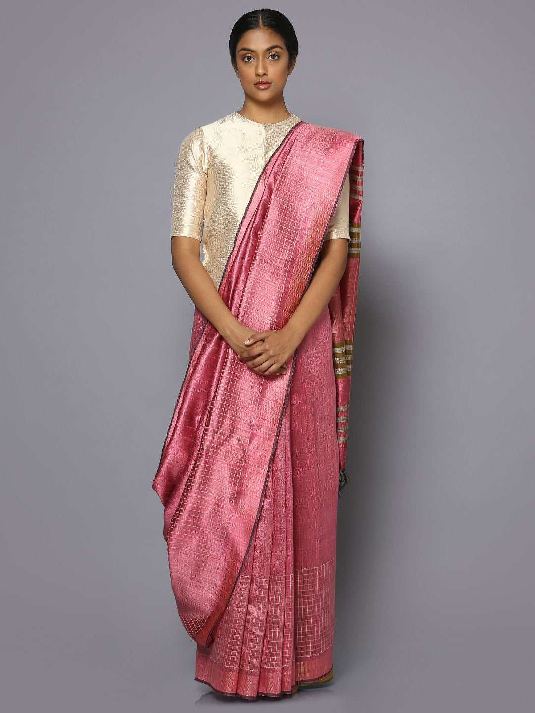 Pink tussar silk saree