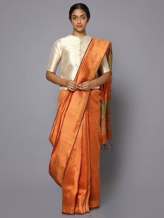 Plain orange tussar silk saree
