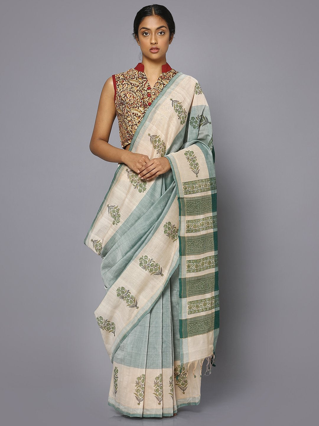 Light blue cotton block print saree