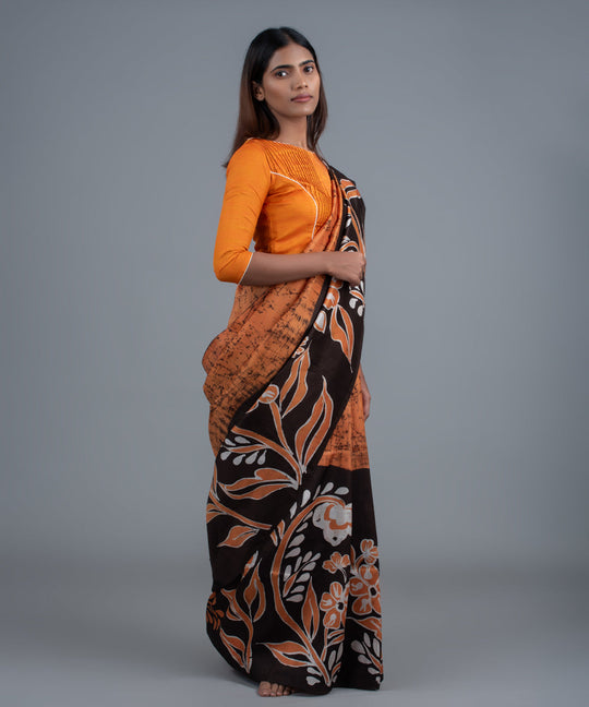 Brown black mulberry silk hand painted batik saree