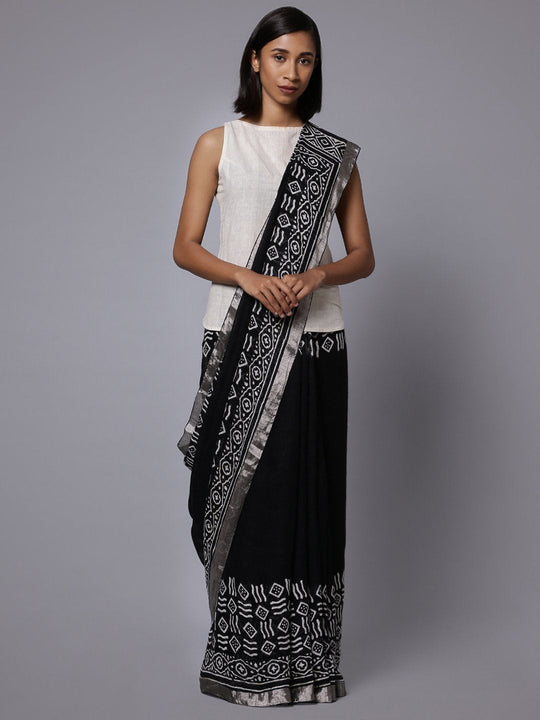 Handblock black print linen saree