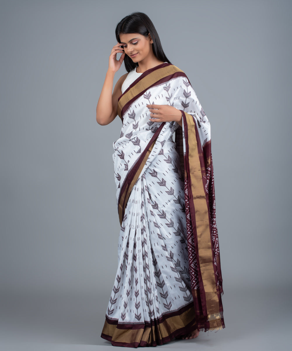White brown handwoven pochampally ikat saree