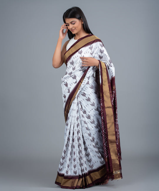 White brown handwoven pochampally ikat saree