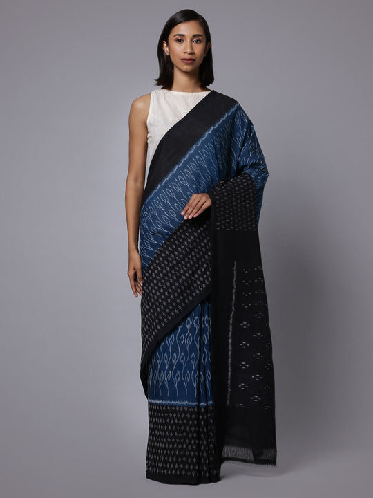 Ikat blue black handloom cotton saree