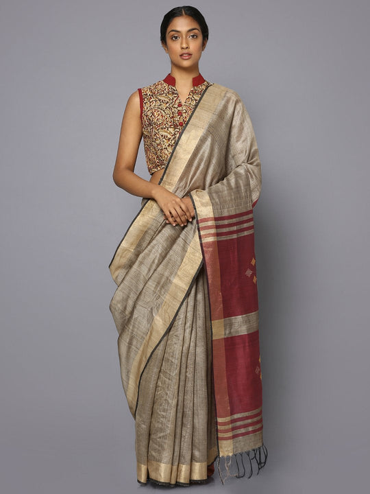 Greyish silver tussar silk saree