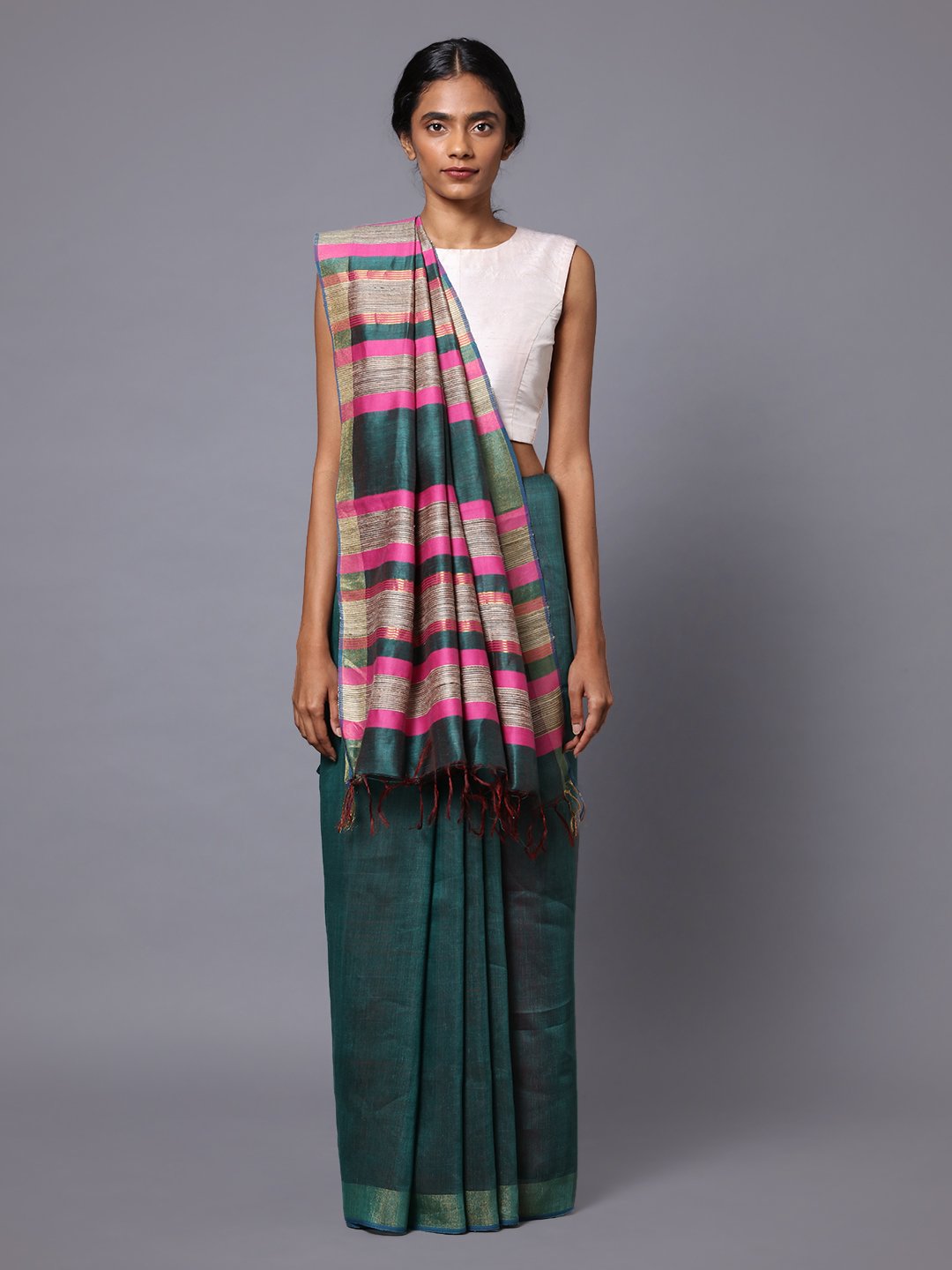 Green grey handloom tussar silk saree