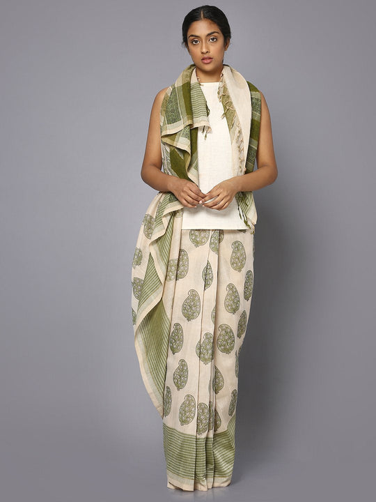 Off white & green block print cotton saree