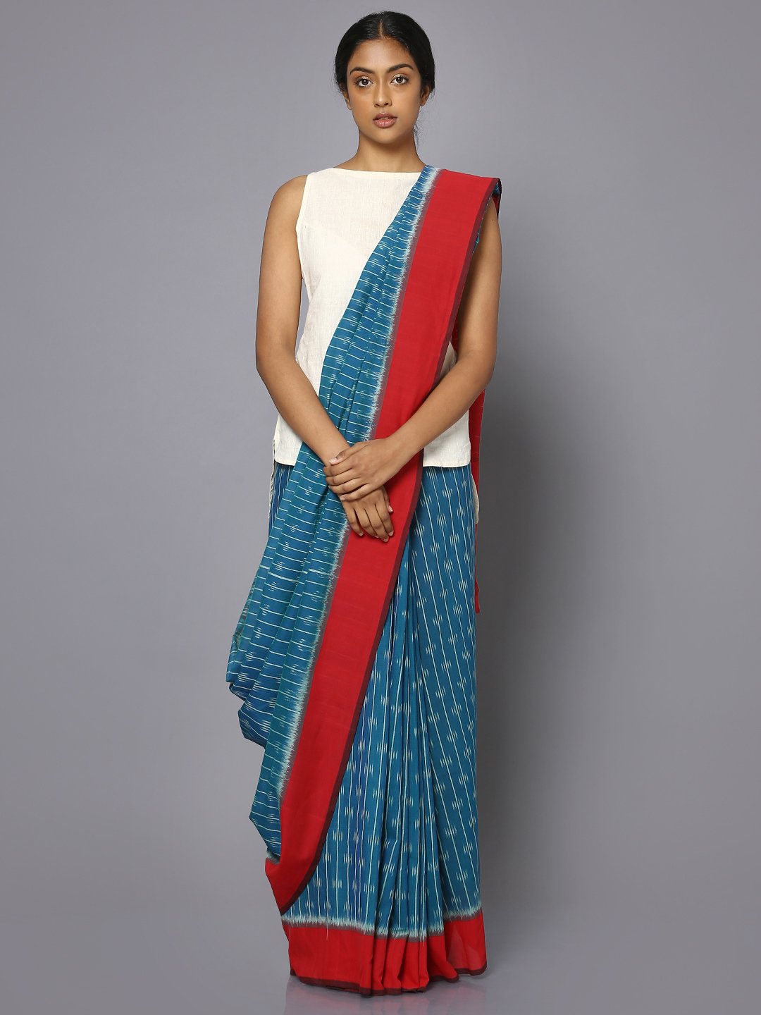Blue & red ikat saree