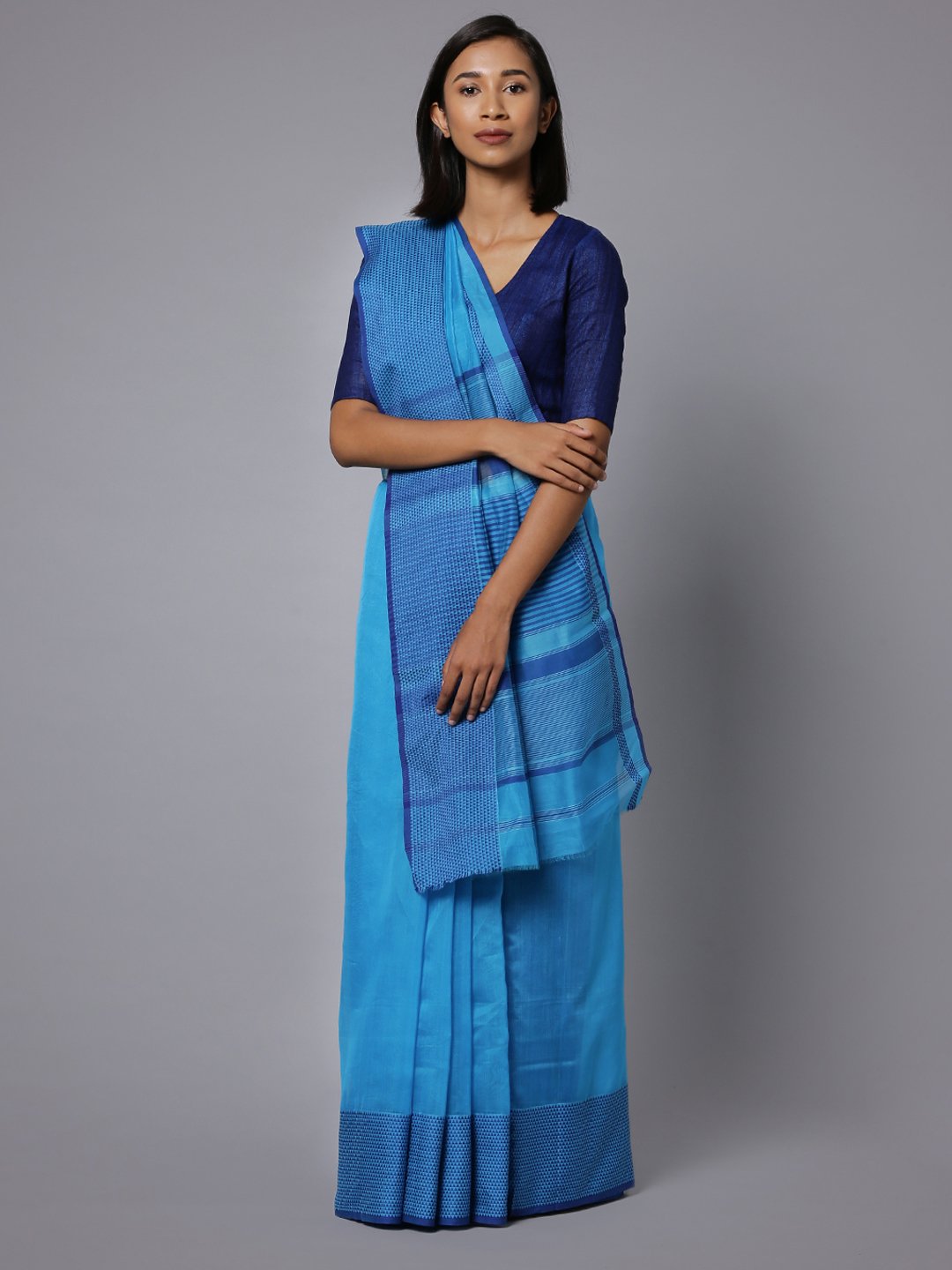 Blue handloom maheshwari cotton silk saree